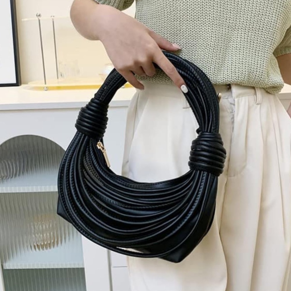 Hand Woven Knotted Leather Shoulder Bag in Black